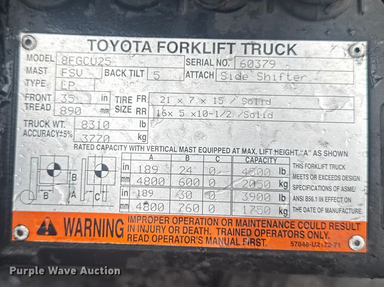 image for item YA2758 Toyota 8FGCU25 forklift