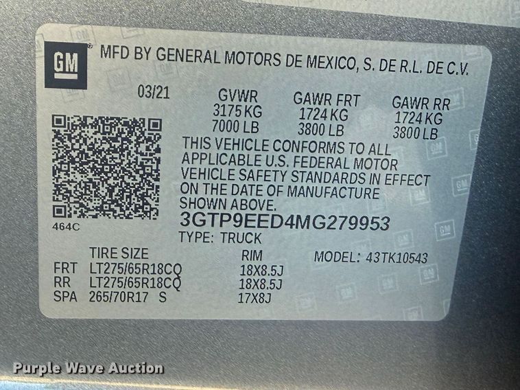 image for item DO8475 2021 GMC Sierra 1500 Crew Cab pickup truck