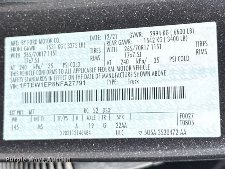 image for item DR1033 2022 Ford F150 Crew Cab pickup truck