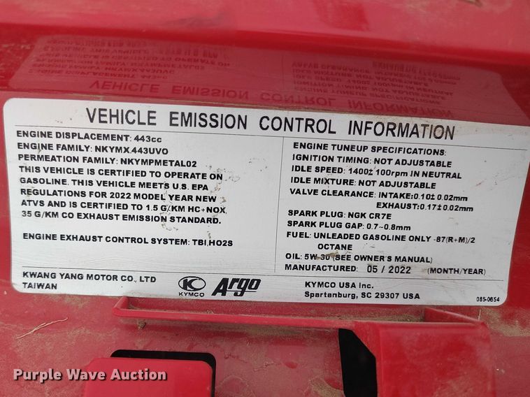 image for item DT0998 2022 KYMC 500 ATV