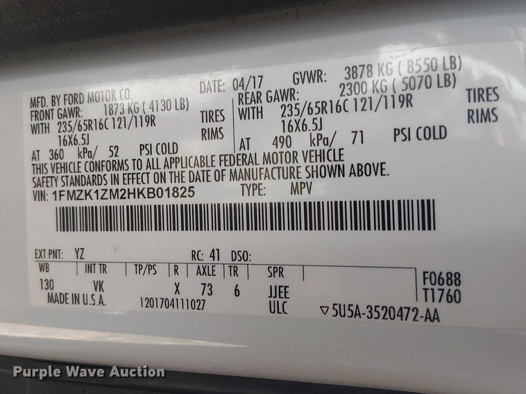 image for item DU3112 2017 Ford Transit 150 van