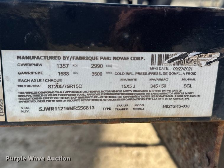 image for item DV0882 2022 H&H H8212RS-030 utility trailer