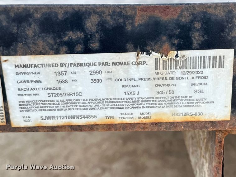 image for item DV0883 2021 H&H H8212RS-030 utility trailer
