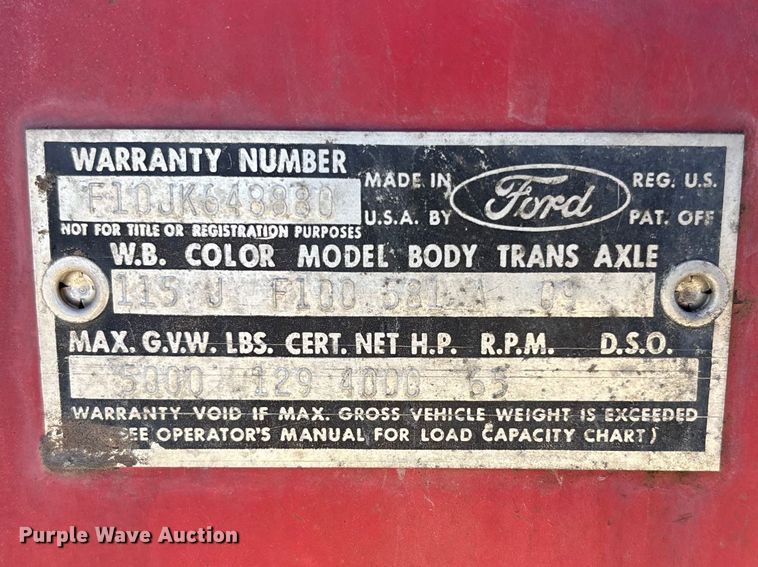 image for item EA4659 1965 Ford F100 pickup truck cab and chassis