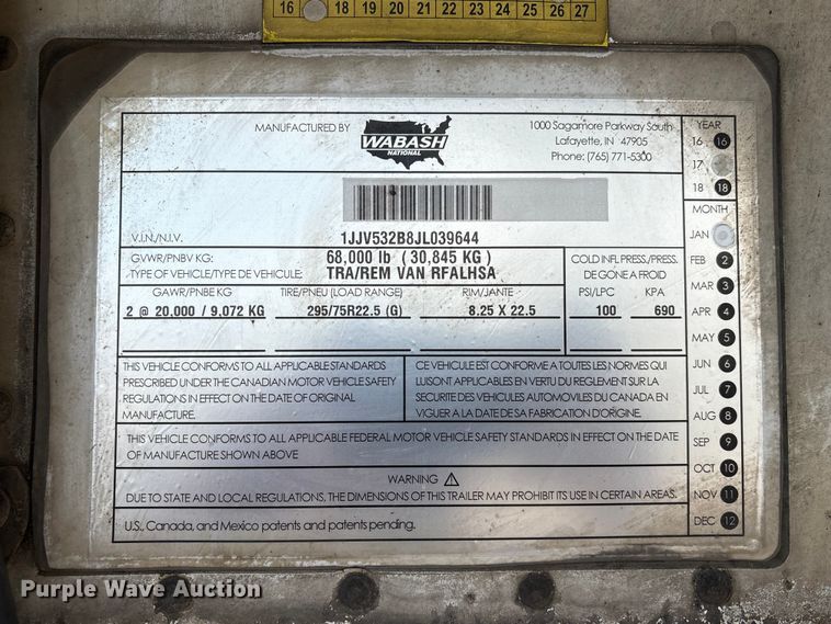 image for item EA7226 2018 Wabash refrigerated van trailer