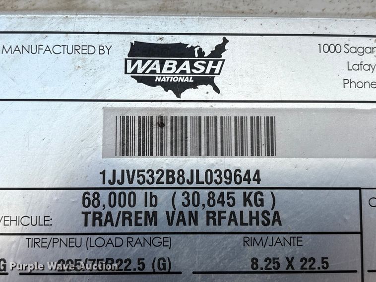 image for item EA7226 2018 Wabash refrigerated van trailer