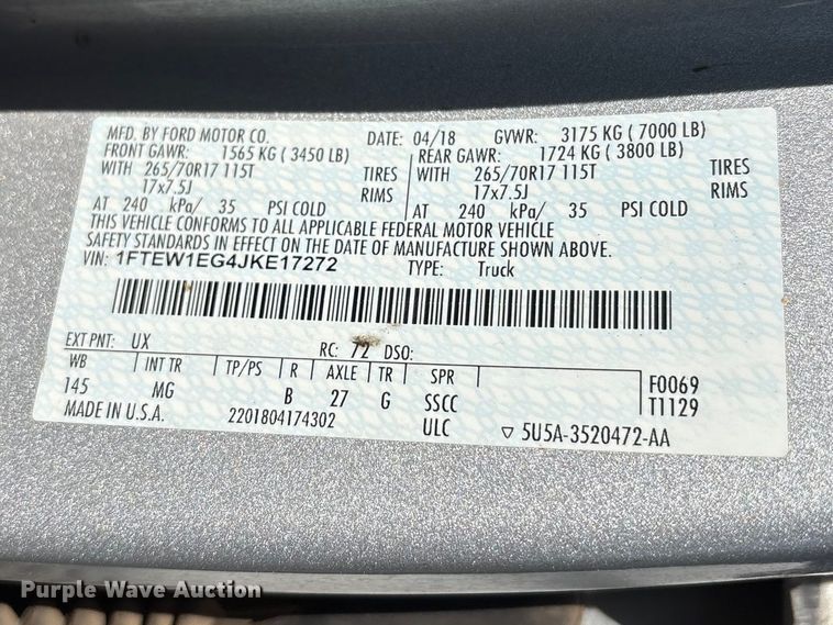 image for item EC8312 2018 Ford F150 Crew Cab pickup truck