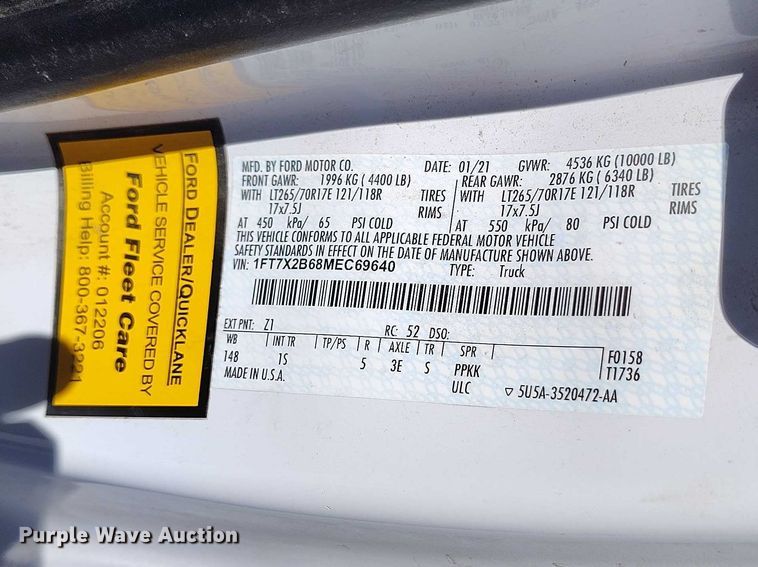 image for item EC8987 2021 Ford F250 Ext. Cab pickup truck