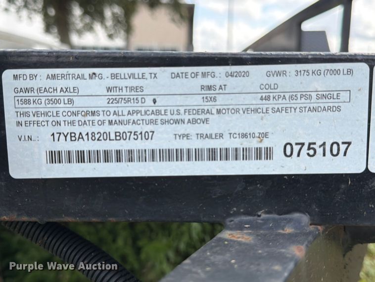 image for item ED5155 2020 Ameritrail TC18610-70E utility trailer