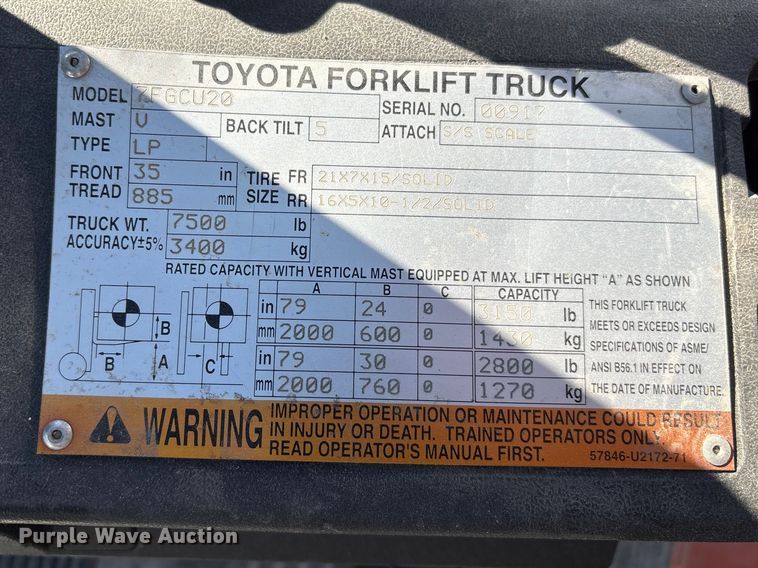 image for item EF1017 Toyota 7FGCU20 forklift