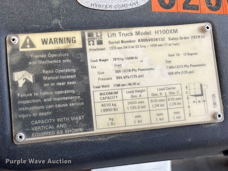 image for item EF1032 2012 Hyster 1000 forklift