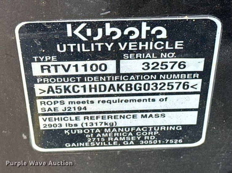 image for item EG2113 2013 Kubota RTV1100 utility vehicle