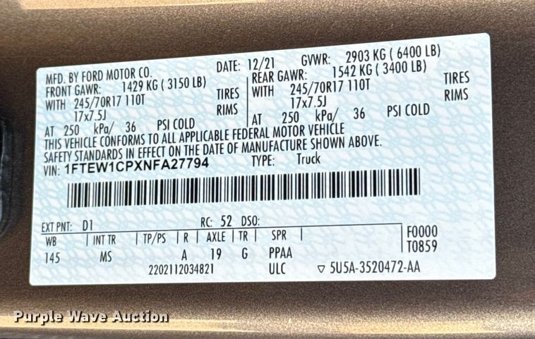 image for item ES5806 2022 Ford F150 Crew Cab pickup truck