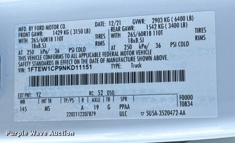 image for item ES5808 2022 Ford F150 Crew Cab pickup truck