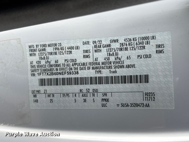 image for item ET1721 2022 Ford F250 XLT Ext. Cab pickup truck