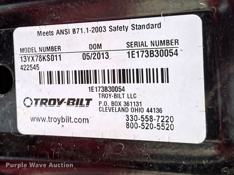 image for item ET1863 2013 Troy-Bilt Bronco lawn mower