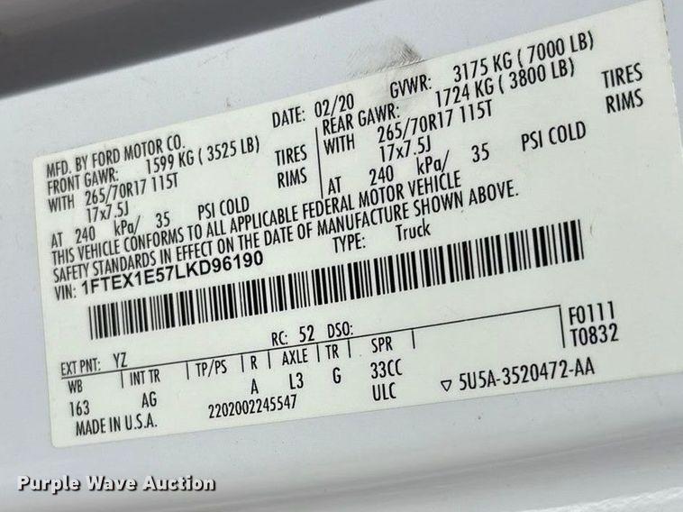 image for item EU4960 2020 Ford F150 XL Ext. Cab pickup truck