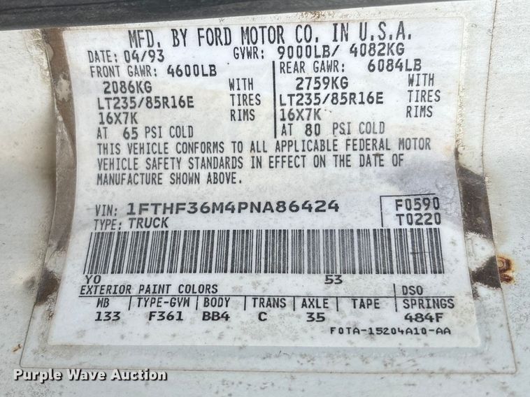 image for item FB3598 1993 Ford F350 XL utility bed pickup truck