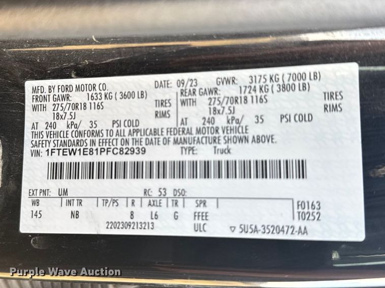 image for item FB7079 2023 Ford F150 Tremor Crew Cab pickup truck