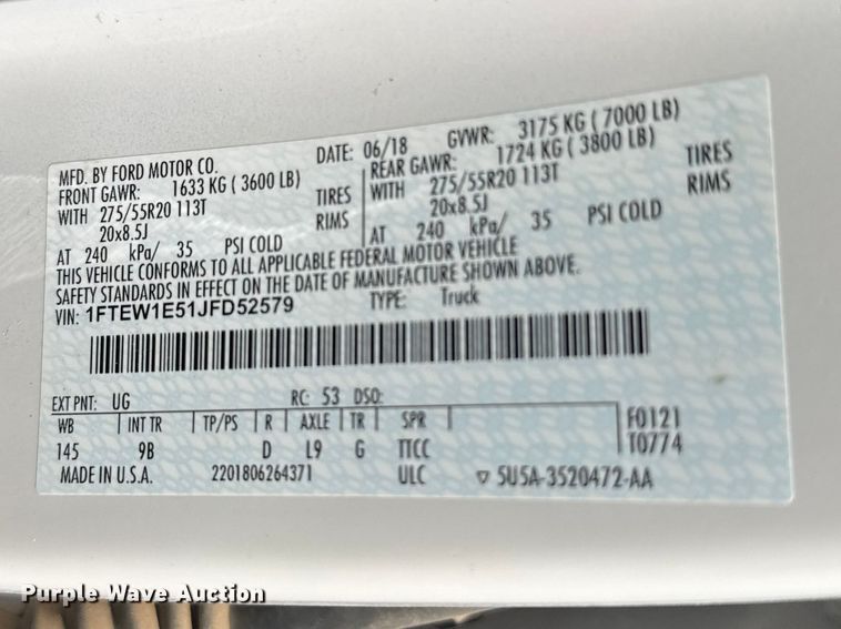 image for item FB7088 2018 Ford F150 Platinum Crew Cab pickup truck