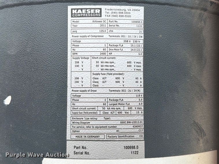 image for item FB8048 2011 Kaeser Airtower 5C air compressor
