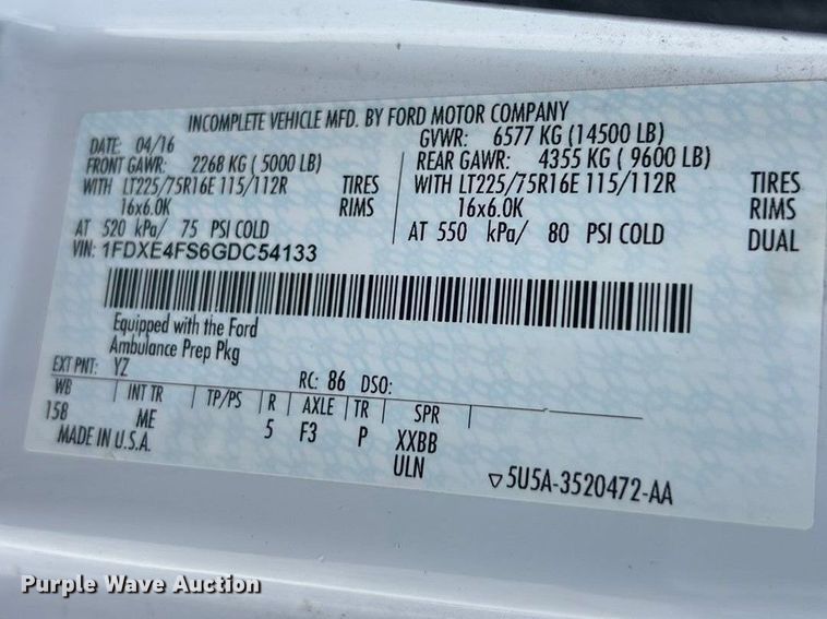 image for item FC5198 2016 Ford E450 Super Duty van cab and chassis