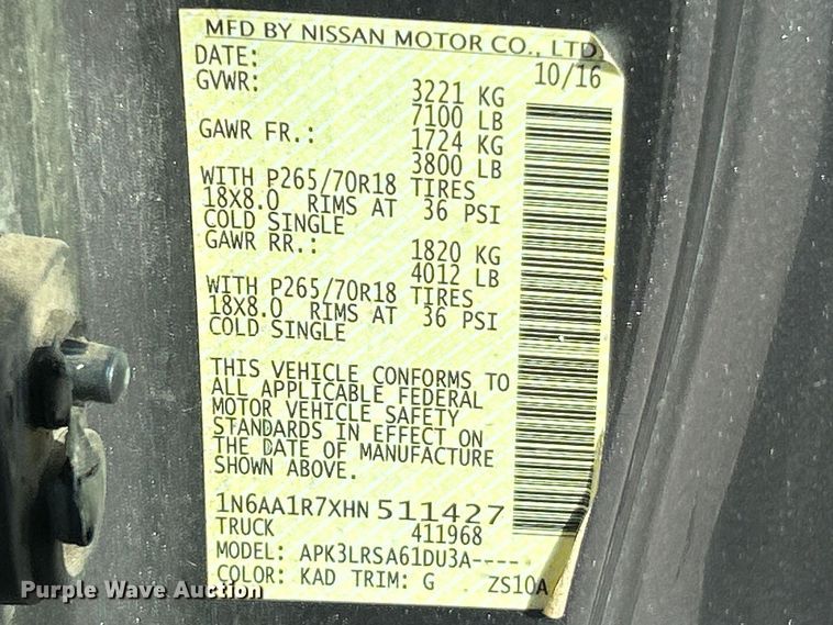 image for item FC5283 2017 Nissan Titan pickup truck