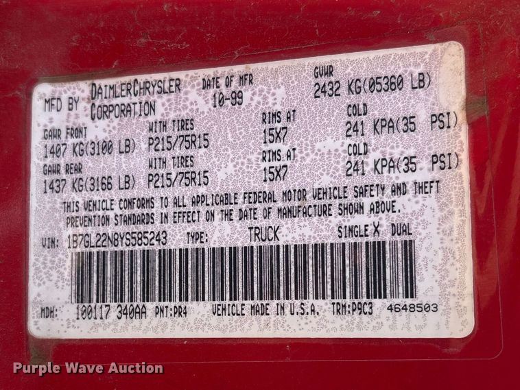 image for item FG2781 2000 Dodge Dakota Ext. Cab pickup truck