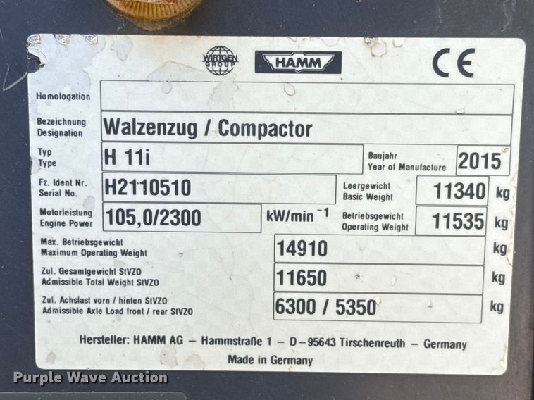 image for item DR1029 2015 Hamm H11i single drum vibratory roller