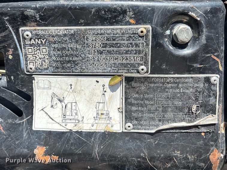image for item DU0414 2022 Sany SY35U mini excavator