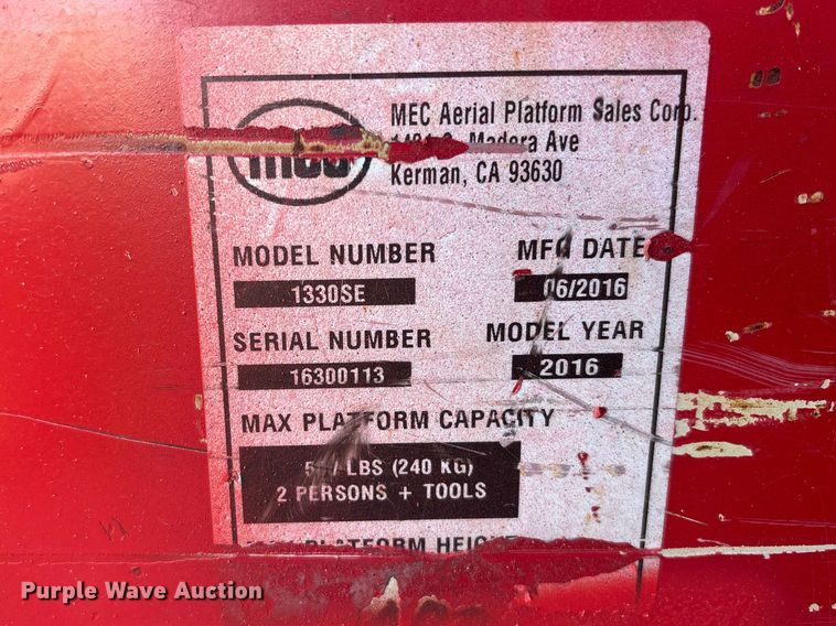 image for item DU0421 2016 MEC 1330SE scissor lift