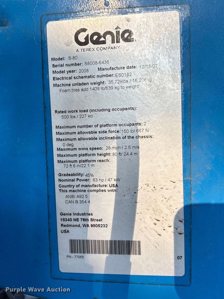 image for item DU0445 2008 Genie S-80 boom lift