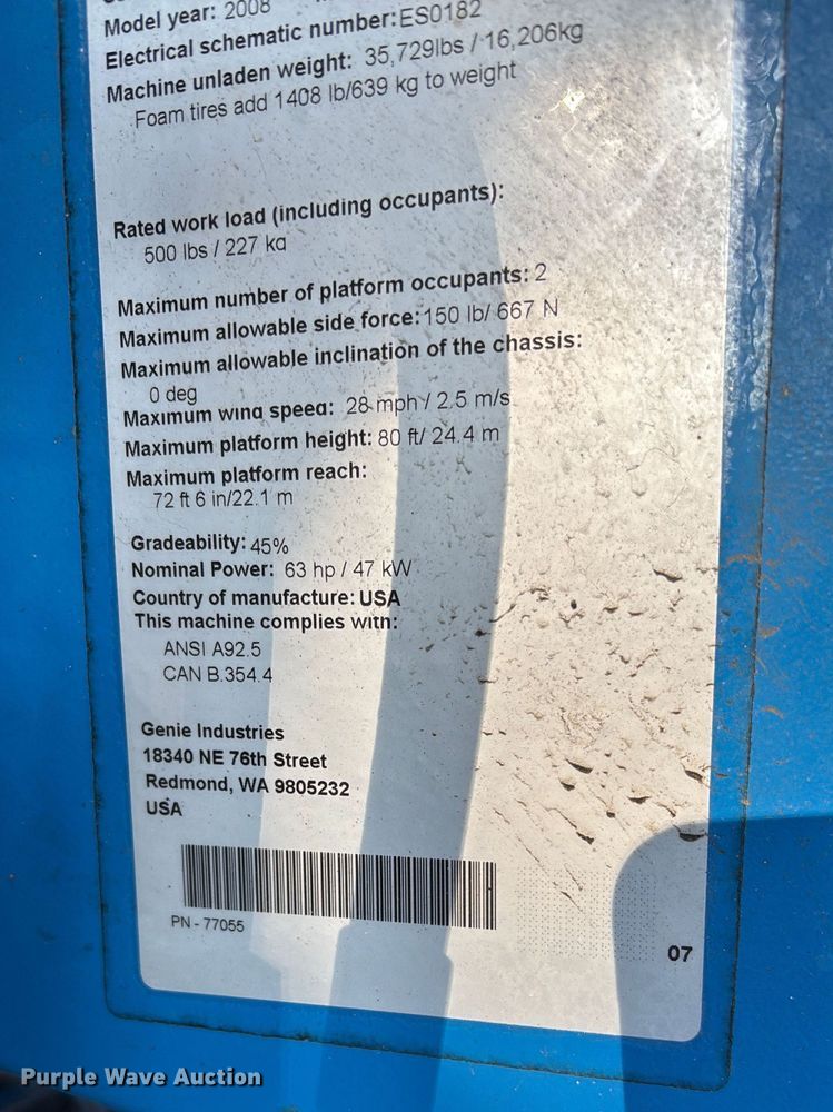 image for item DU0445 2008 Genie S-80 boom lift