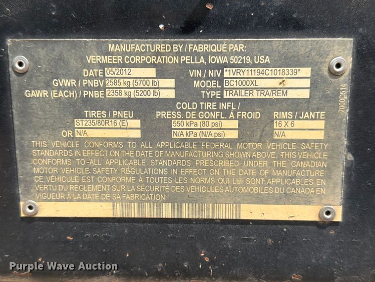 image for item DX5961 2012 Vermeer BC1000XL wood chipper