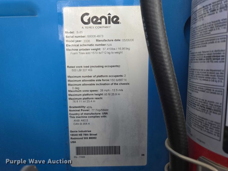 image for item EB1367 2006 Genie S85 boom lift