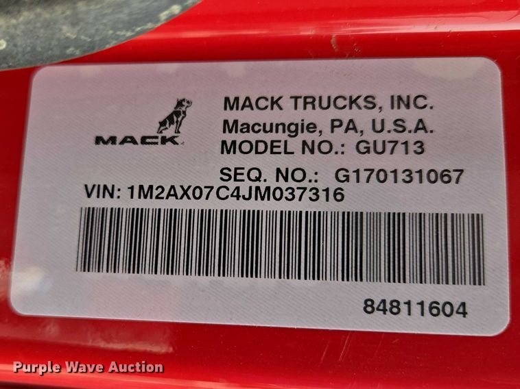 image for item EB1373 2018 Mack Granite GU713 dump truck