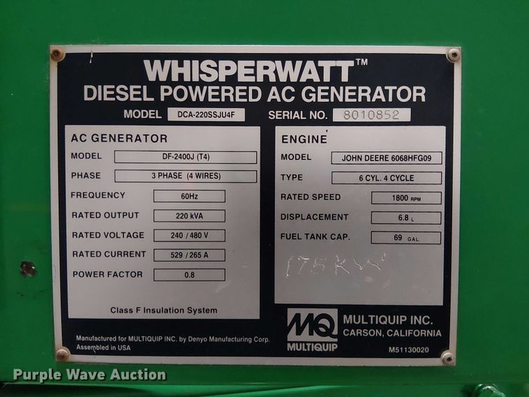 image for item EE5252 2015 MQ Power DCA-220SSJU4F generator