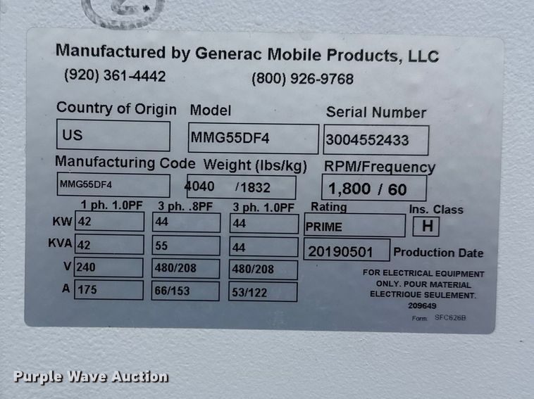 image for item EG2161 2019 Generac MMG55DF4 generator