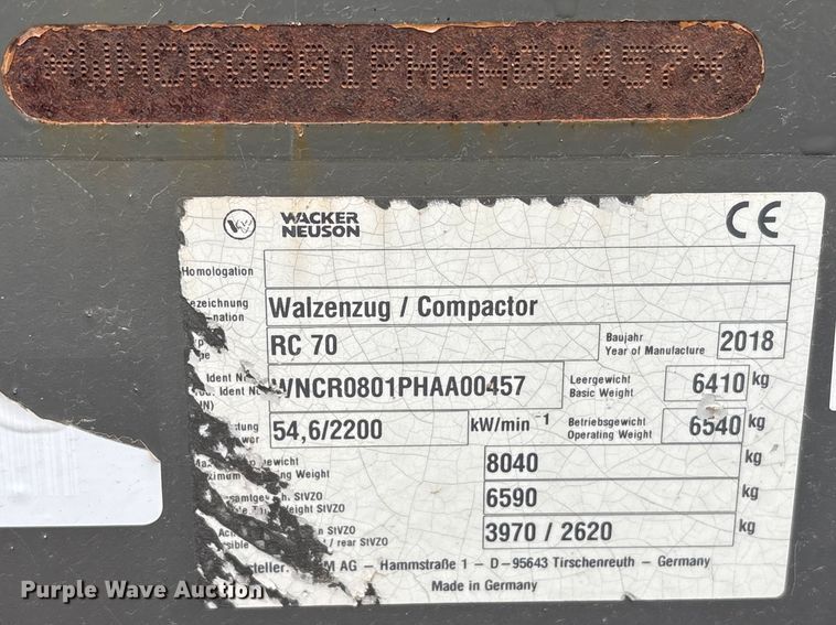 image for item EJ3410 2018 Wacker Neuson RC70 single drum vibratory roller