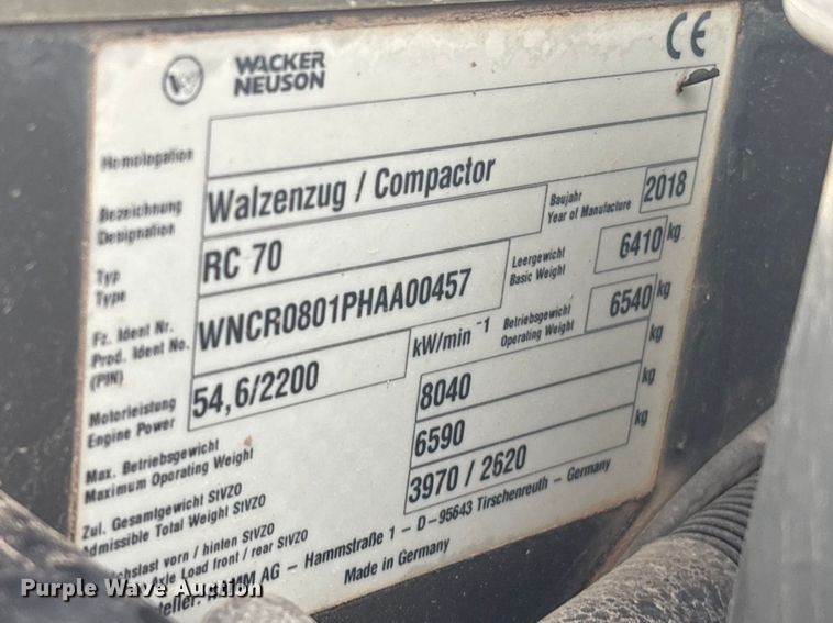 image for item EJ3410 2018 Wacker Neuson RC70 single drum vibratory roller