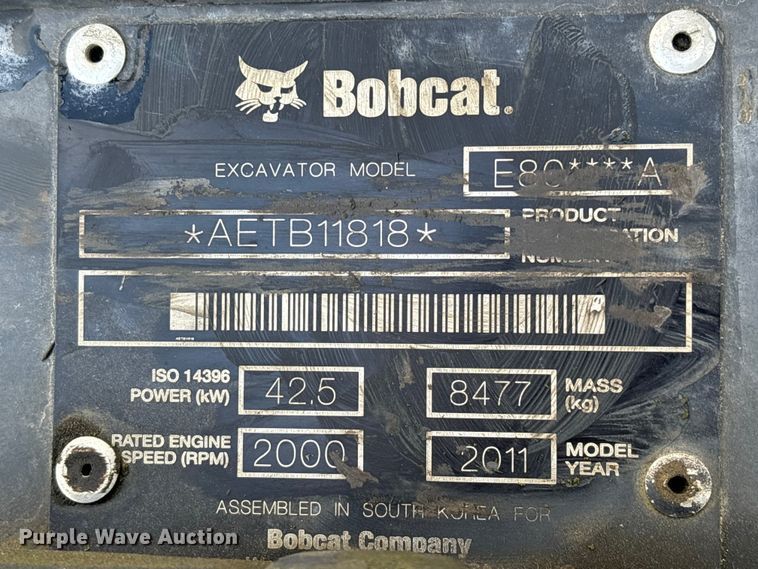 image for item EM0077 2011 Bobcat E80 mini excavator