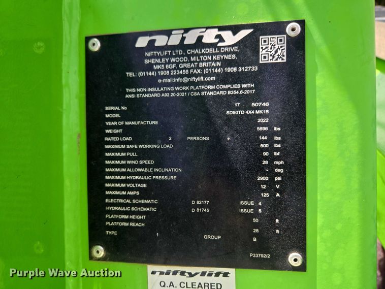 image for item ET1476 2022 Nifty SD50TD 4X4 MK1B boom lift