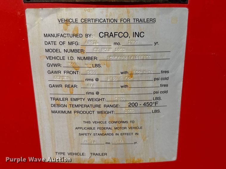 image for item ET1813 1999 Crafco EZ POUR 100D melter applicator