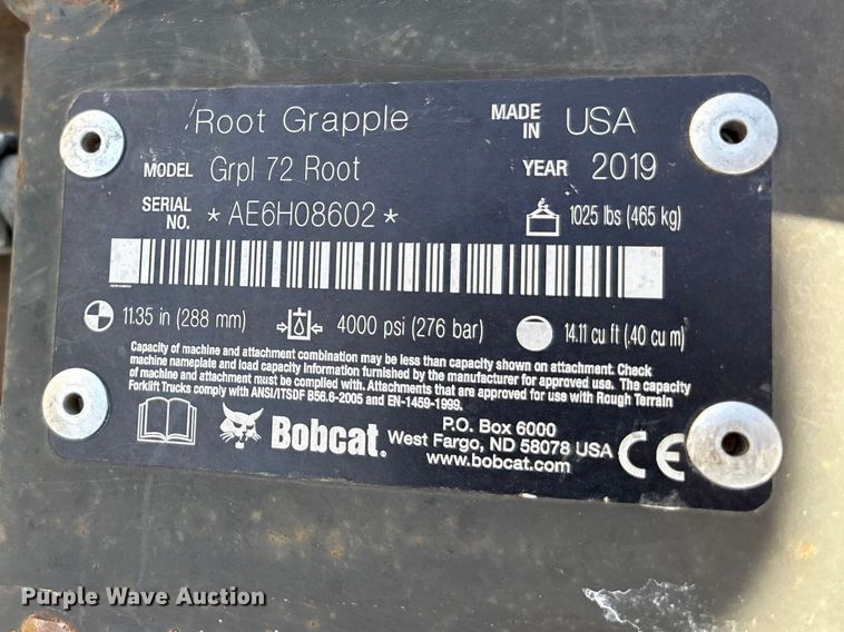 image for item EU0360 Bobcat GRPL 72 Root skid steer grapple bucket