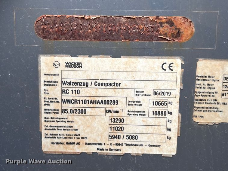 image for item EU7466 2019 Wacker Neuson RC110 single drum vibratory roller