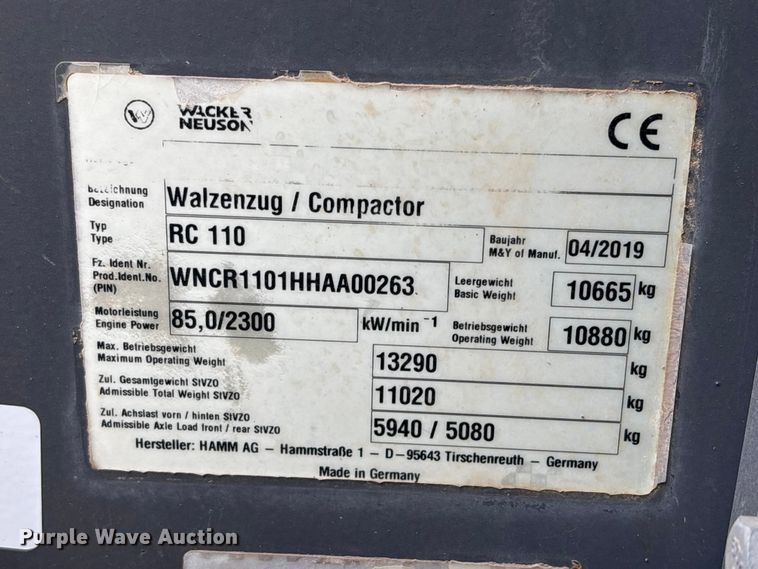 image for item EU7467 2019 Walker Neuson RC110 single drum vibratory roller