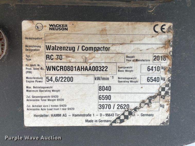 image for item EU7468 2018 Walker Neuson RC70 single drum vibratory roller