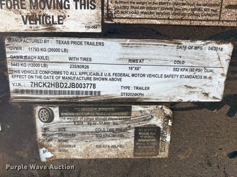 image for item EU8620 2018 Texas Pride DT82024KPH dump trailer