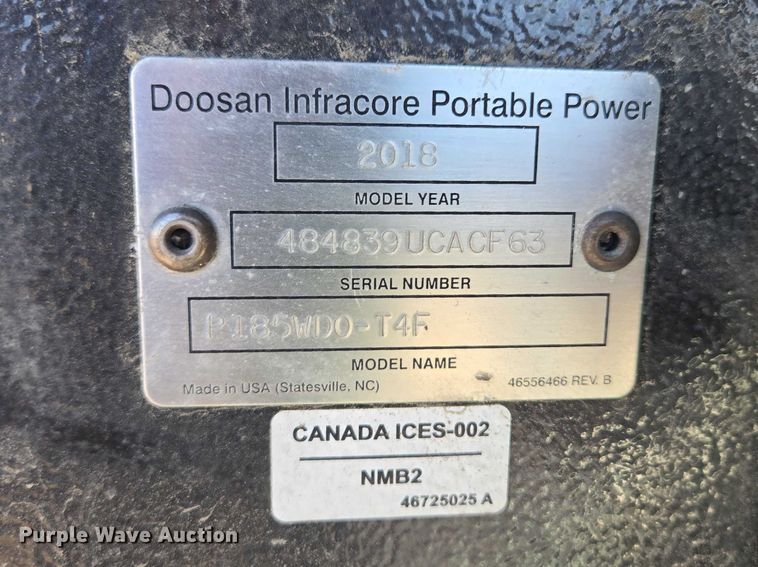 image for item EV5656 2018 Doosan P185WD0-T4F air compressor