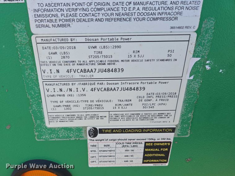 image for item EV5656 2018 Doosan P185WD0-T4F air compressor